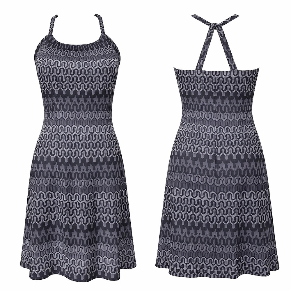 Prana Quinn Dress Black White Geometric Zigzag Halter Racerback Shelf Bra Medium